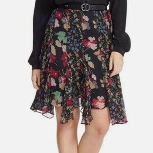 Ralph Lauren Georgette Black Floral Skirt 6 Midi Hanky Ruffled Fairy Poetcore